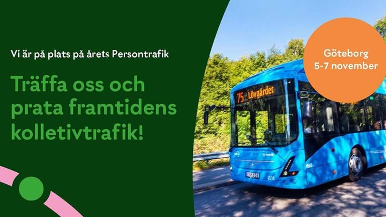 Träffa oss på Persontrafik - bild på en blå buss och text Göteborg 5-7 november