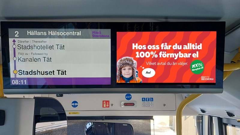 Skärm i bussen i Piteå stadtrafik